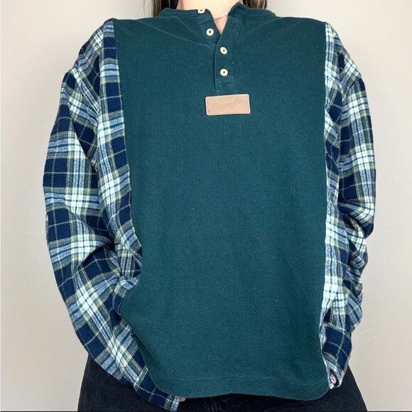 Wrangler Reworked Western Green Long Sleeve Warm Baggy Relaxed Fit Flannel Shirt - Picture 3 of 4